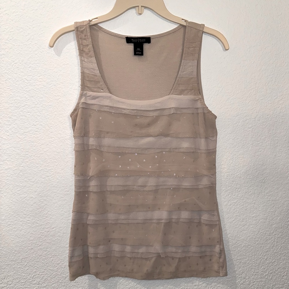 White House Black Market Champagne Polka Dot Tank Top Womens Beige Blouse XS